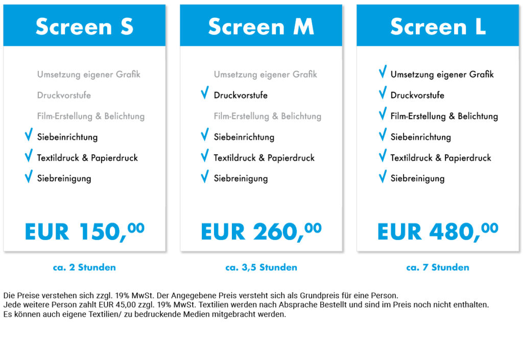 Siebdruck Workshop Preisliste - Hier findest du die verschiedenen Preismodelle für einen Siebdruck-Workshop im Ruhrgebiet. Das kostet ein Siebdruck-Workshop bei uns.
